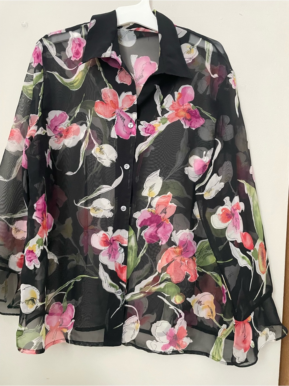 Sheer Black Floral Button-Front Blouse - Pink Floral - Picture 3 of 10